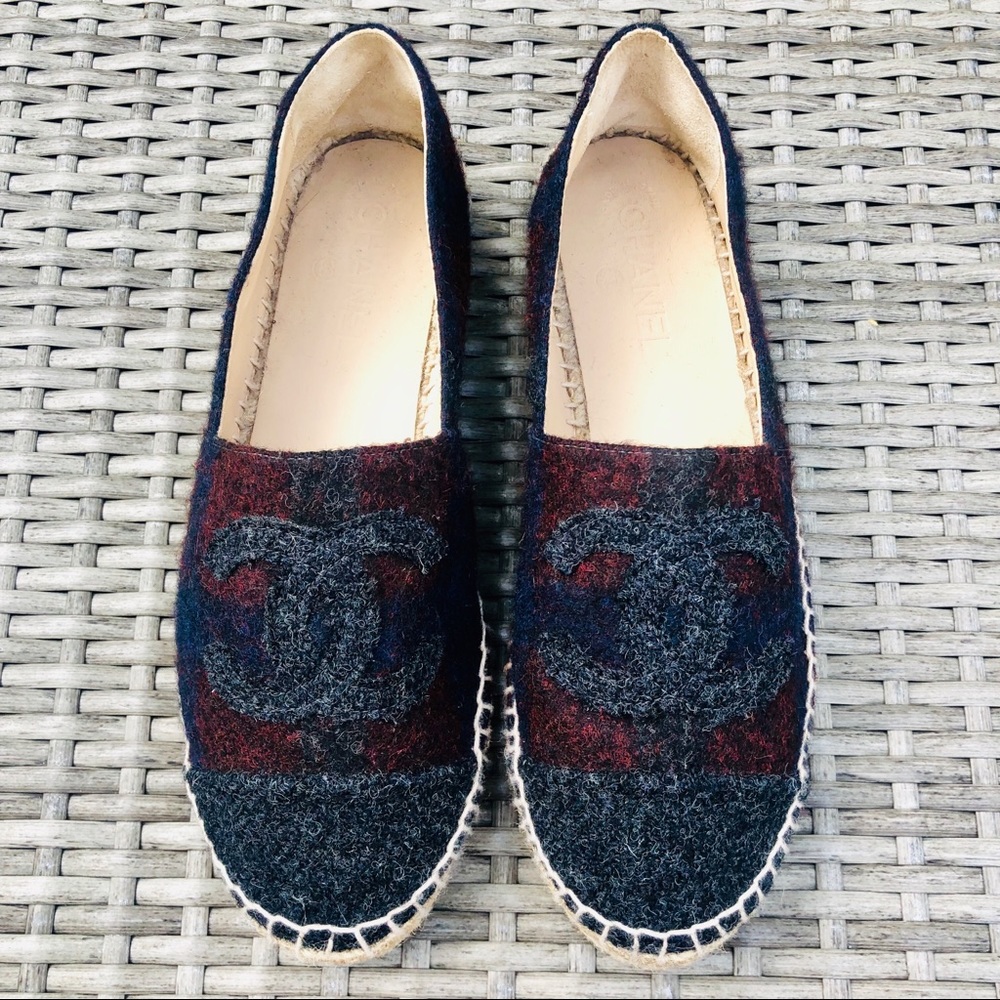 CHANEL Gray, Red and Navy Plaid Espadrilles BNWOB